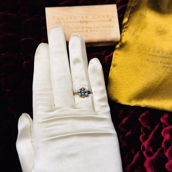 ANTIQUE- 10K Gold Turquoise & Seed Pearl Ring -Sz 6.75- Victorian Western 2.1g - Picture 10 of 16